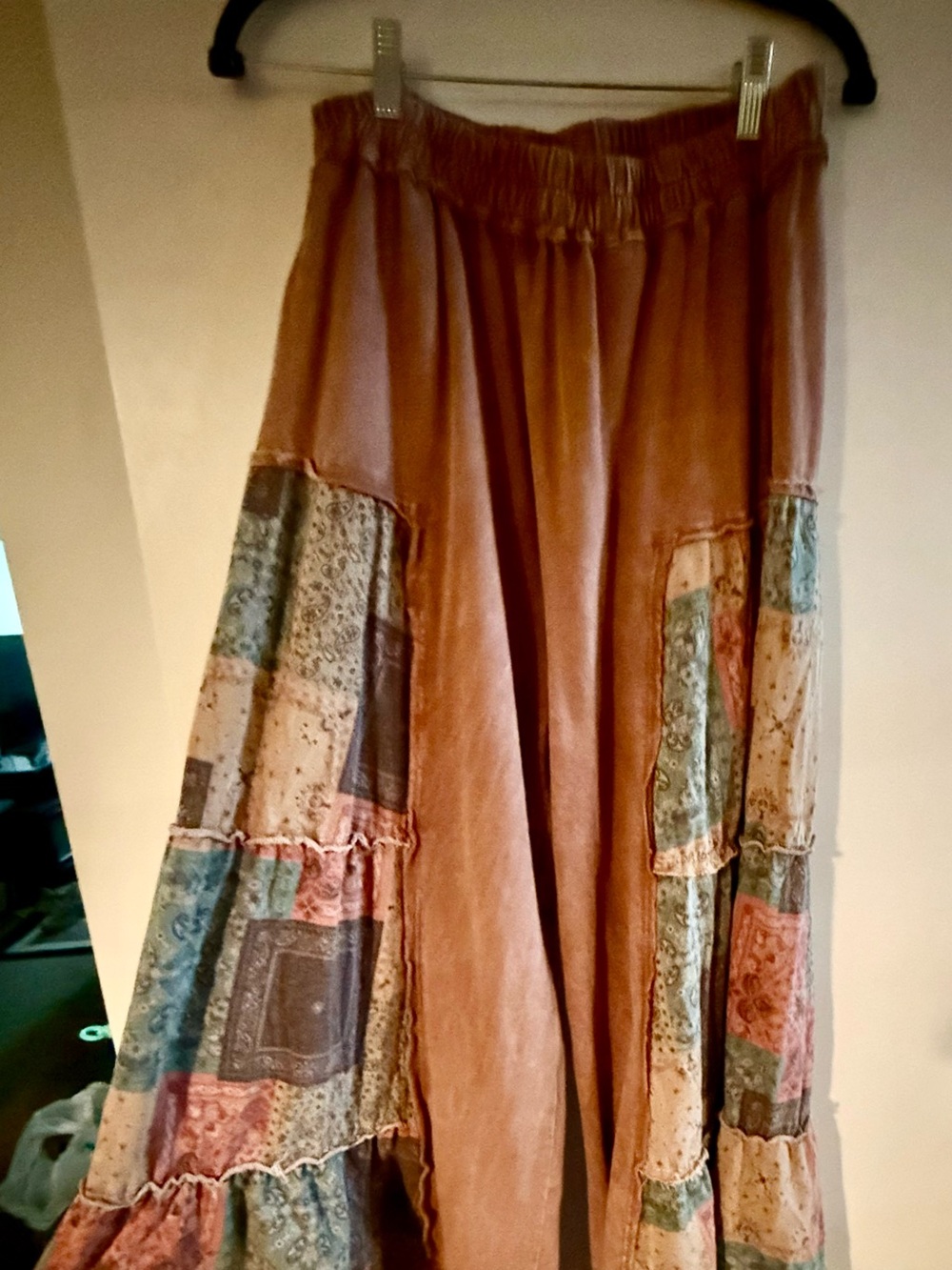 Boho Patchwork Wide Leg Pant in Rust with Multicolor Accents - Picture 1 of 2